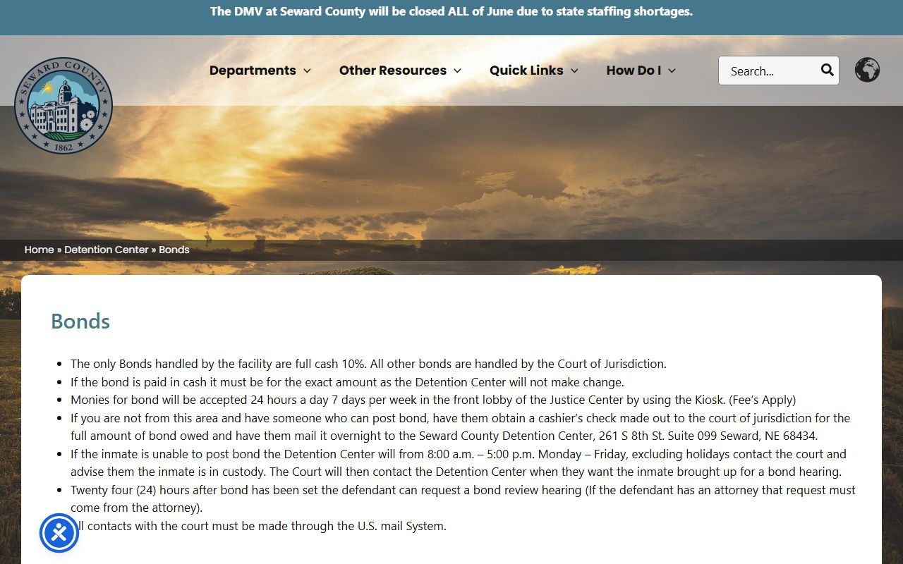 Seward County bond instructions after jail arrest court records